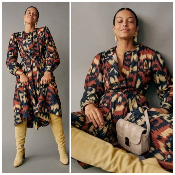 Sezane Dresses & Skirts - Sézane Caterina Cotton Linen Midi Shirt Dress Abstract Print US 4​